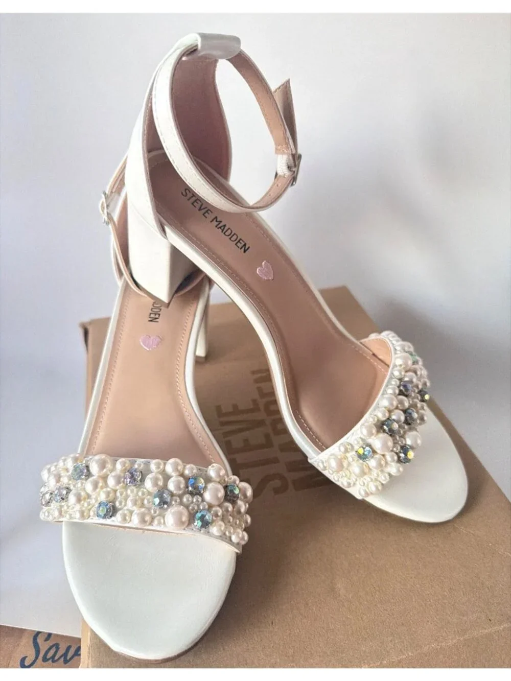 Steve Madden JCarrson Pearl Beads block Heel Ivory Sandals Big Kid Size 6